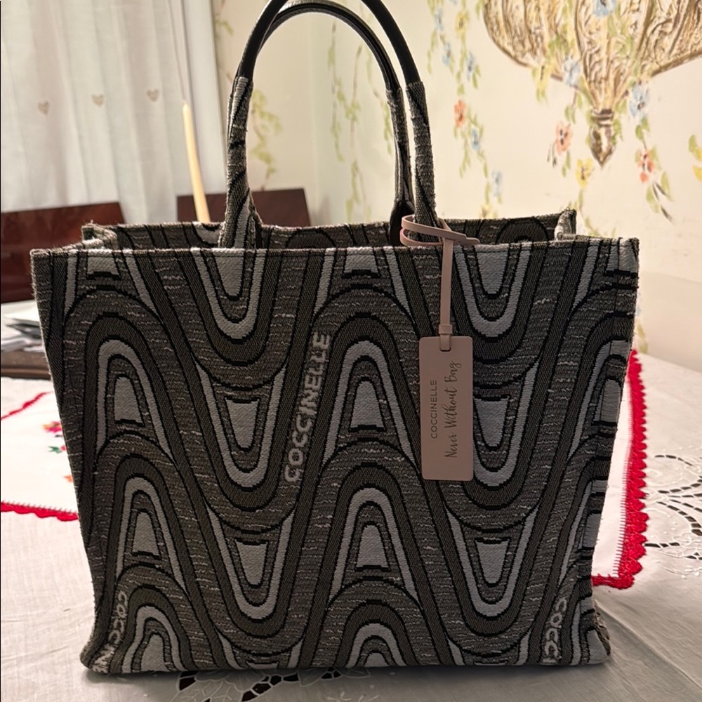 Coccinelle Black and Gray Patterned Tote Bag, with signature.